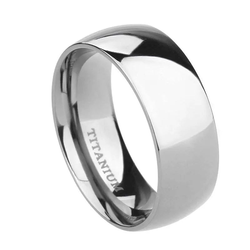 Silver-coloured titanium steel ring shown in minimalist style with unisex sizing.