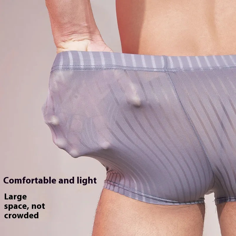 Men's black striped nylon underwear laid flat, showing thin transparent fabric and free-size fit.