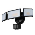 White LED security flood light with motion sensor showing wall mounting bracket and 120V input specifications