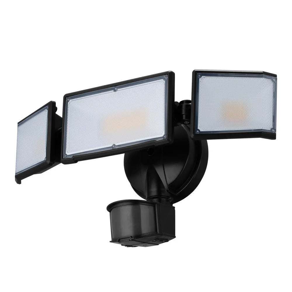 White LED security flood light with motion sensor showing wall mounting bracket and 120V input specifications