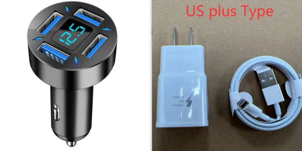 Four-port USB car charger with digital voltage display showing output reading