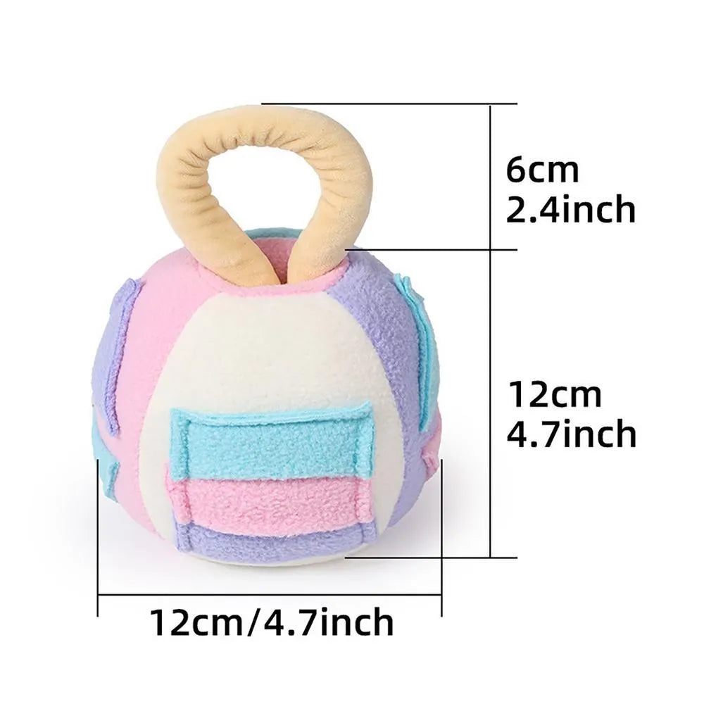 Green plush ball dog toy with multiple treat pockets and squeaker for small to medium dogs