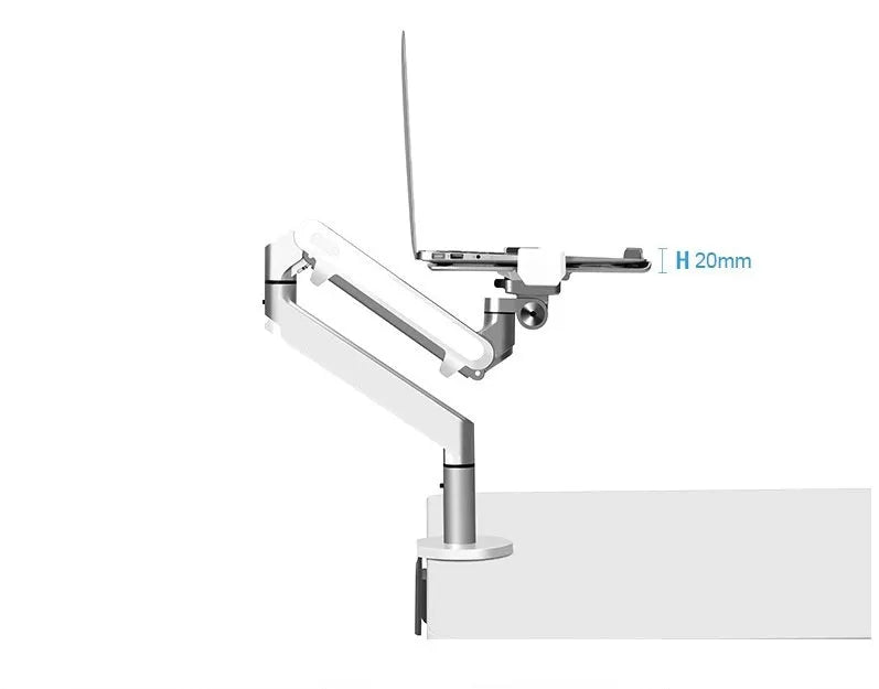 Silver aluminium alloy laptop stand with air pressure arm bracket on desktop