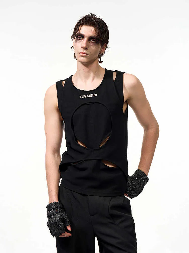 Men's sleeveless white waistcoat with hollow thread detail and round neck pullover design