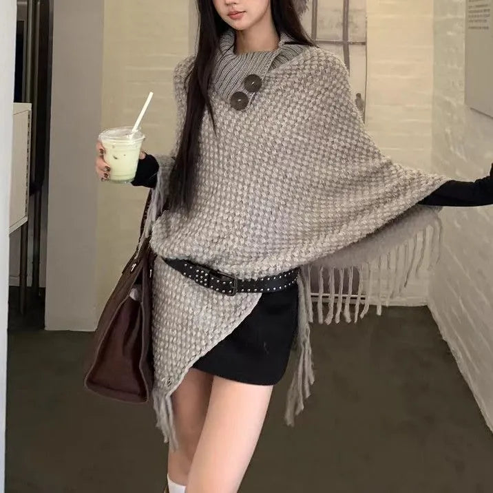 Women's triangle shawl cape in plush cashmere-acrylic blend with tassel detailing