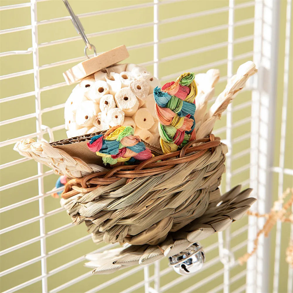 Parrot chewing toy with colourful plastic components and metal hanging chain for cage attachment