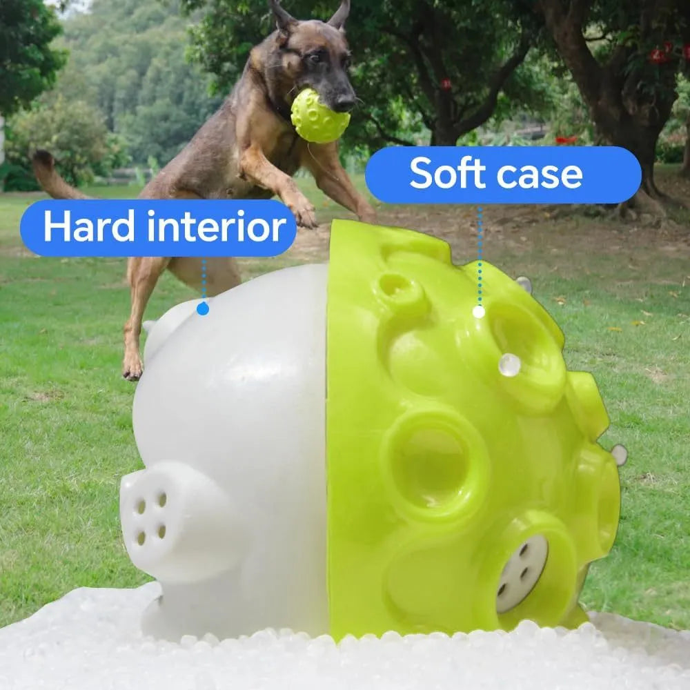 Durable dog toy ball for aggressive chewers with squeaky sound in black, blue, green, orange or yellow