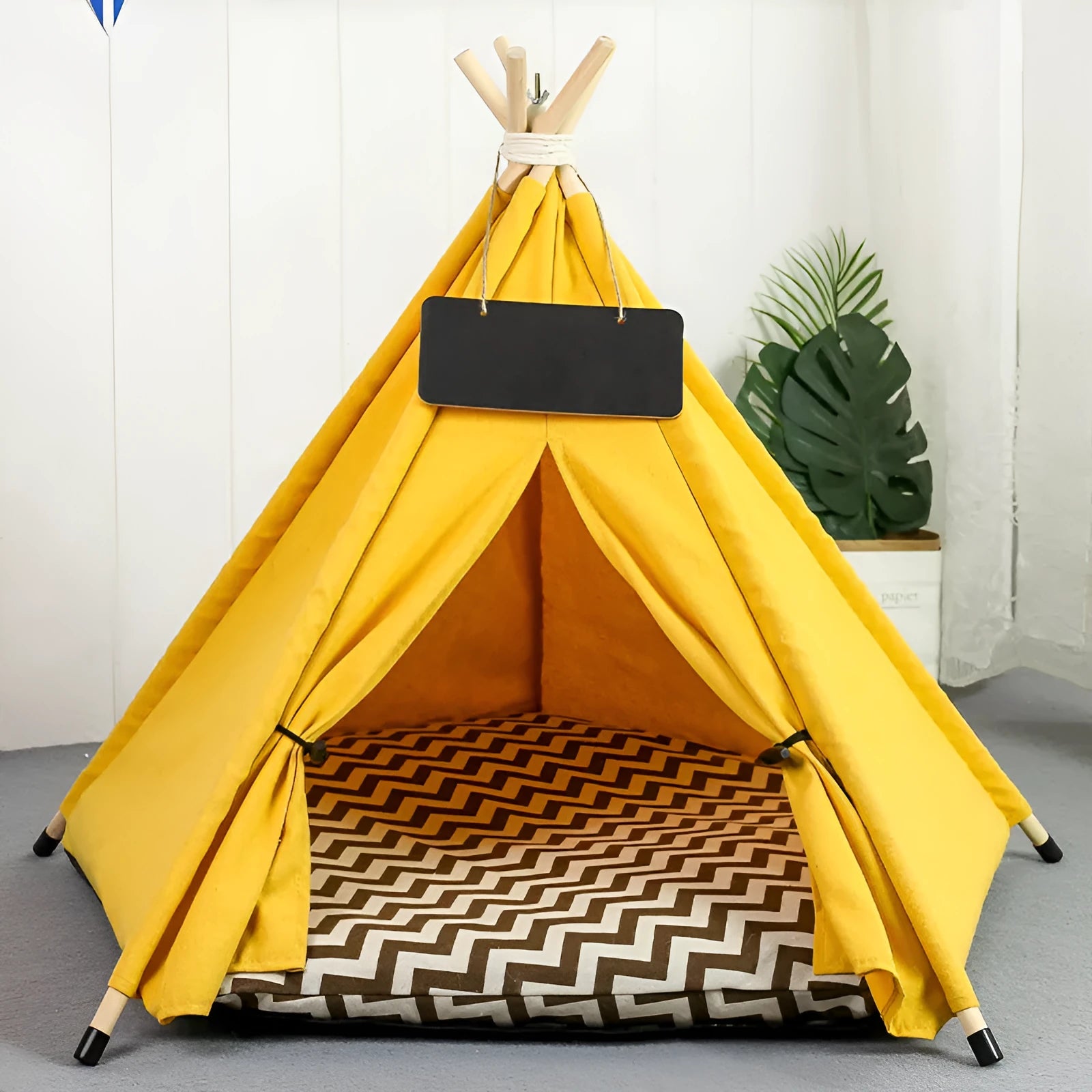 Striped flax and linen pet teepee tent with removable cushion for small dogs or cats.