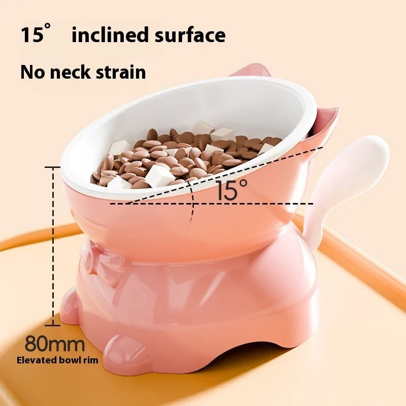 Stainless steel oblique anti-fall cat bowl in black, blue, pink, and yellow colours.