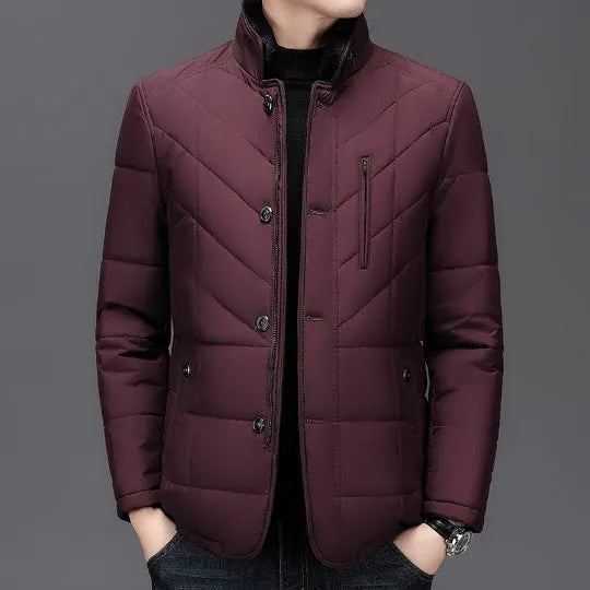 Men's solid colour winter short coat with side seam pockets, shown in dark blue.
