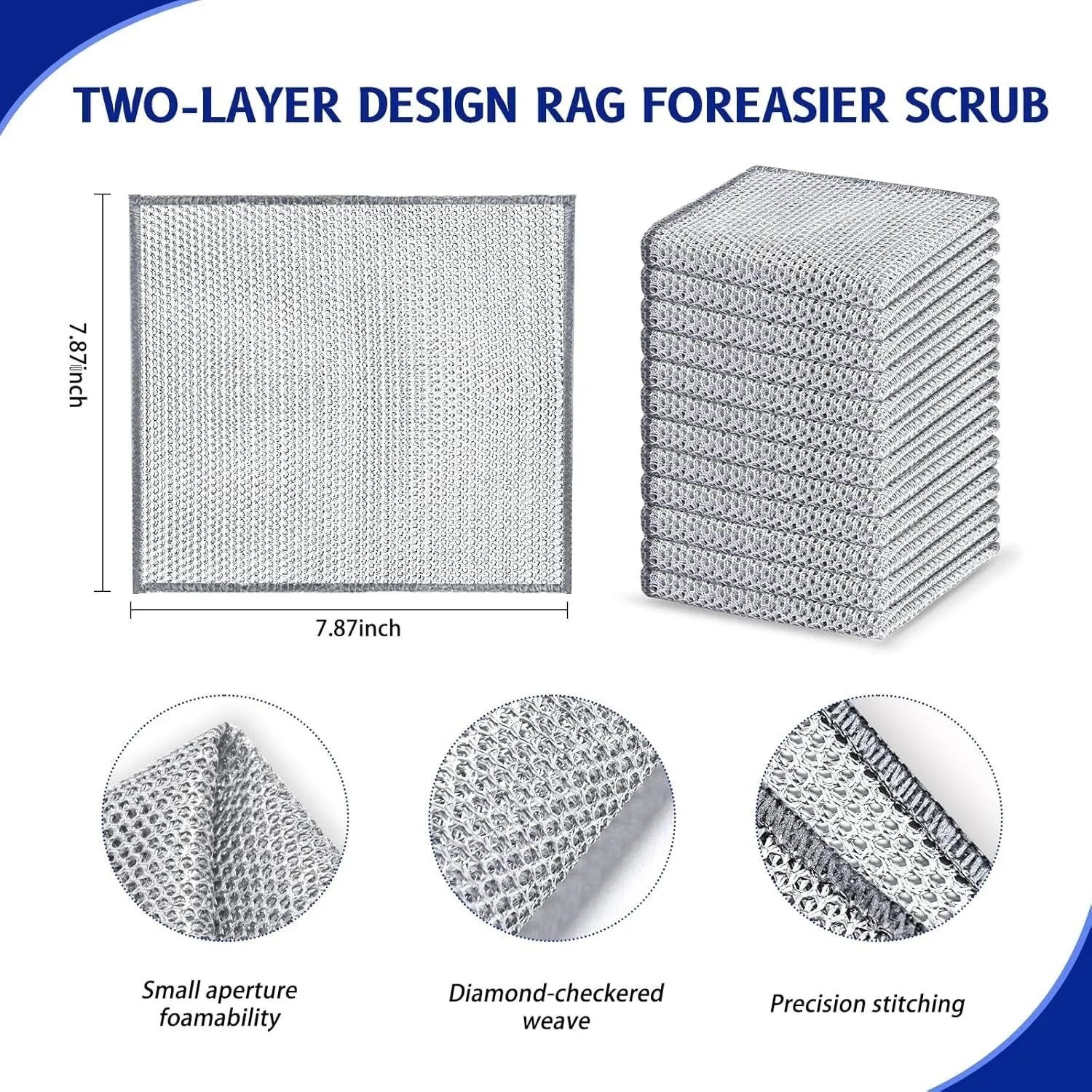 Silver wire and coloured microfiber cleaning cloths in 20x20cm and 25x25cm sizes laid flat.