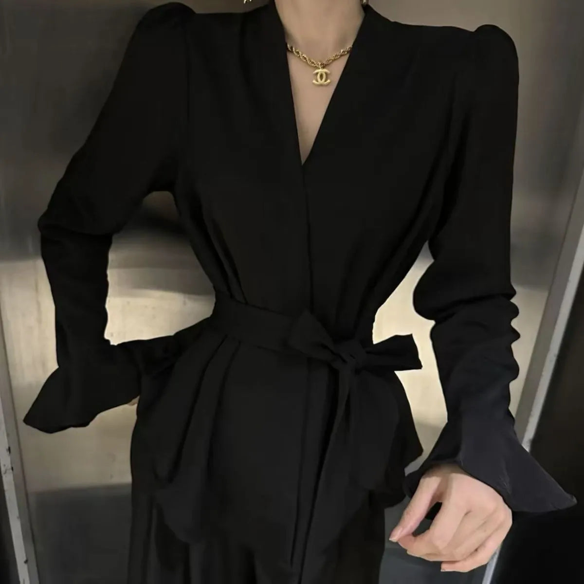 Women's French-style long sleeve shirt with irregular collar and bell sleeves in black