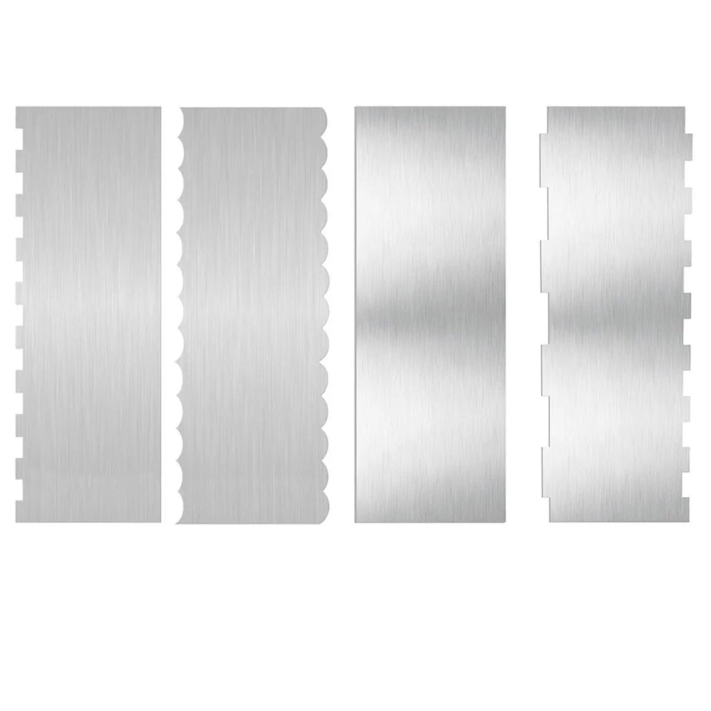 Stainless steel cake scraper with polygon patterns for buttercream texturing
