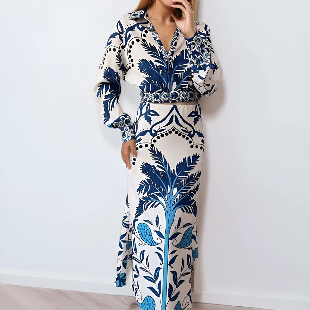 Women's floral print co-ord set with long sleeves and long skirt in picture colour