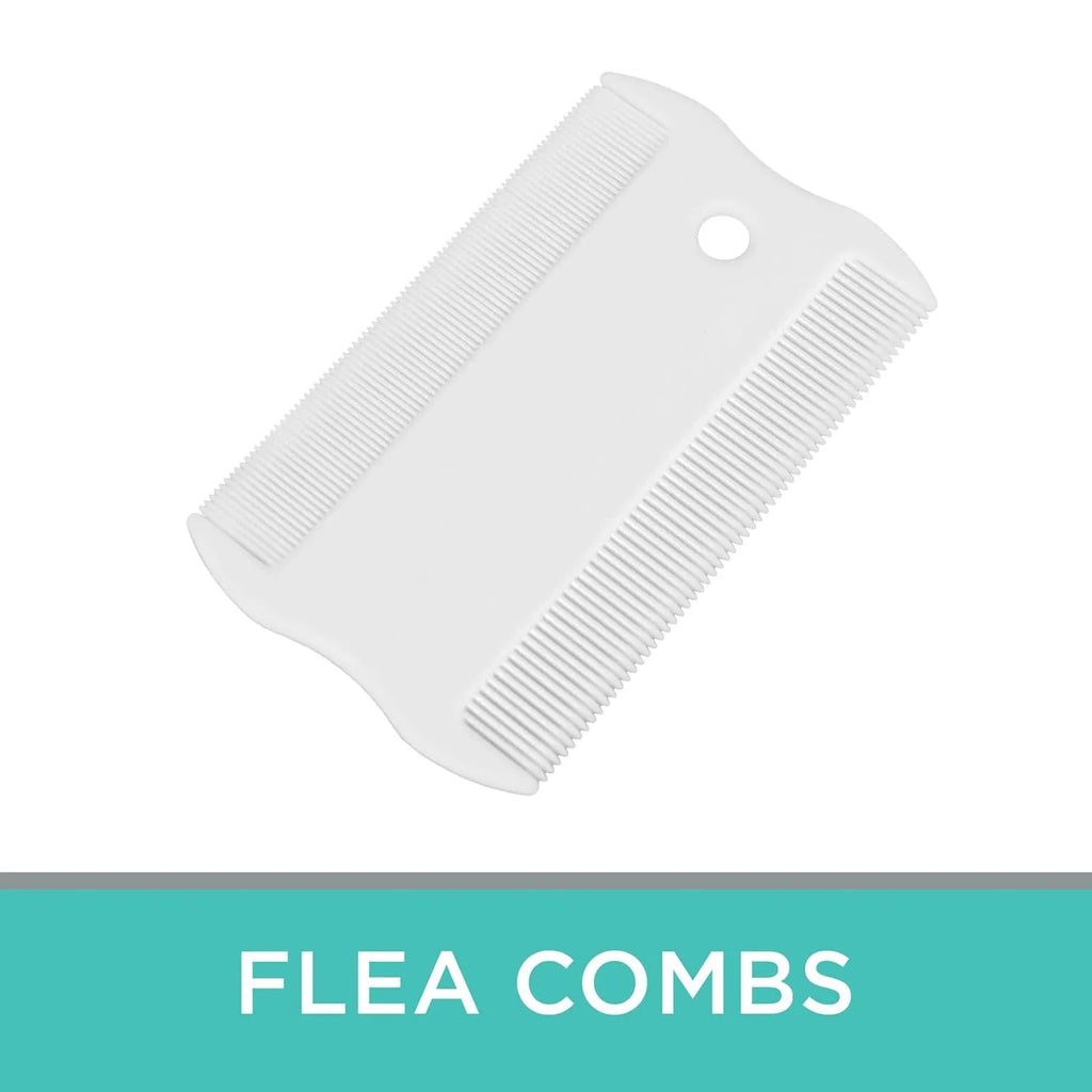 A small white plastic double-sided flea comb with dense teeth for dogs and cats.