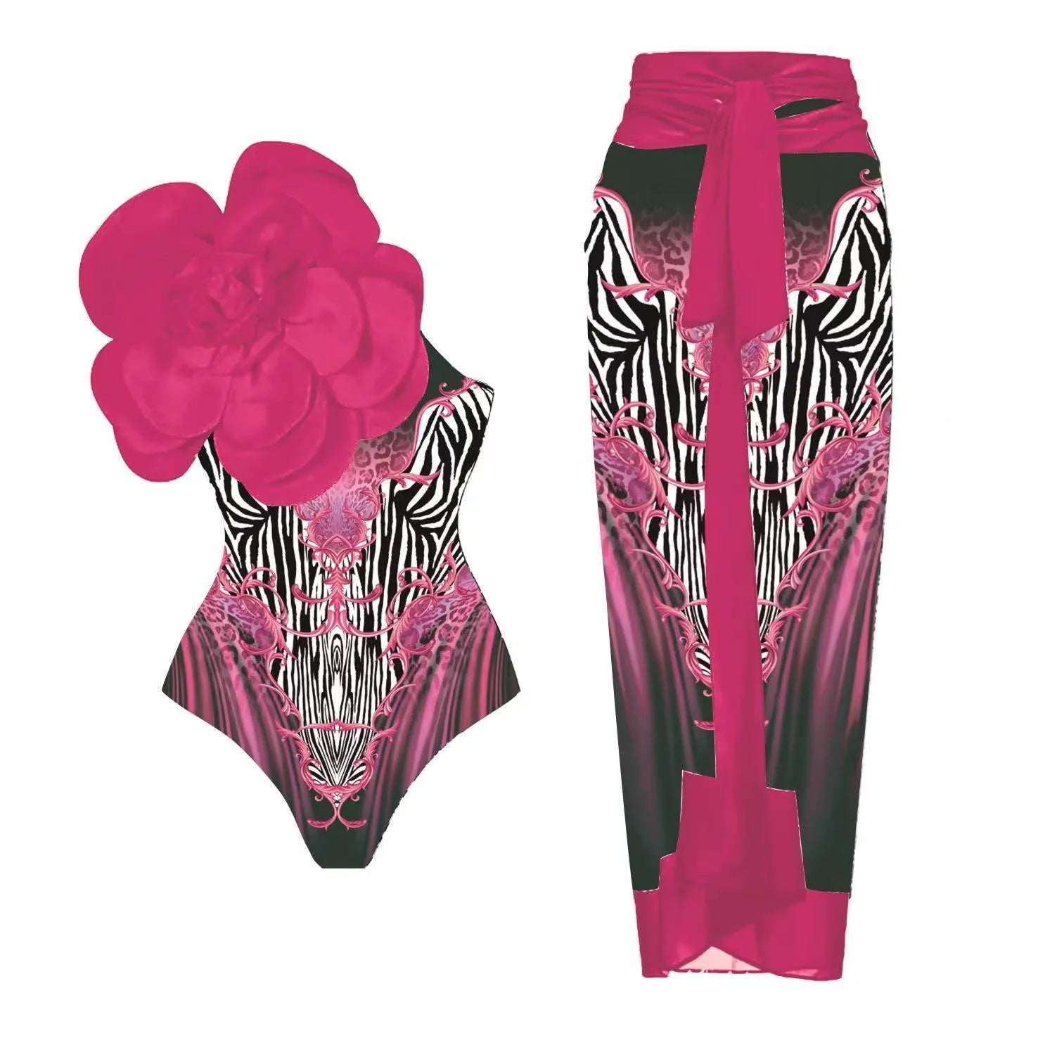 Women's floral print one-piece swimsuit with matching cover-up dress in polyester fabric