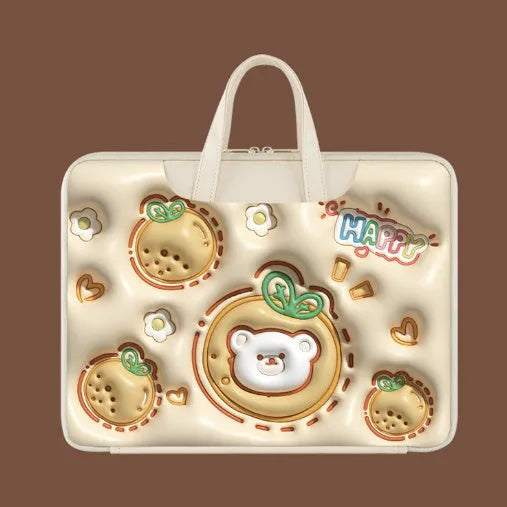 Inflatable PU leather laptop bag with hanging strap shown in a cute panda pattern design.