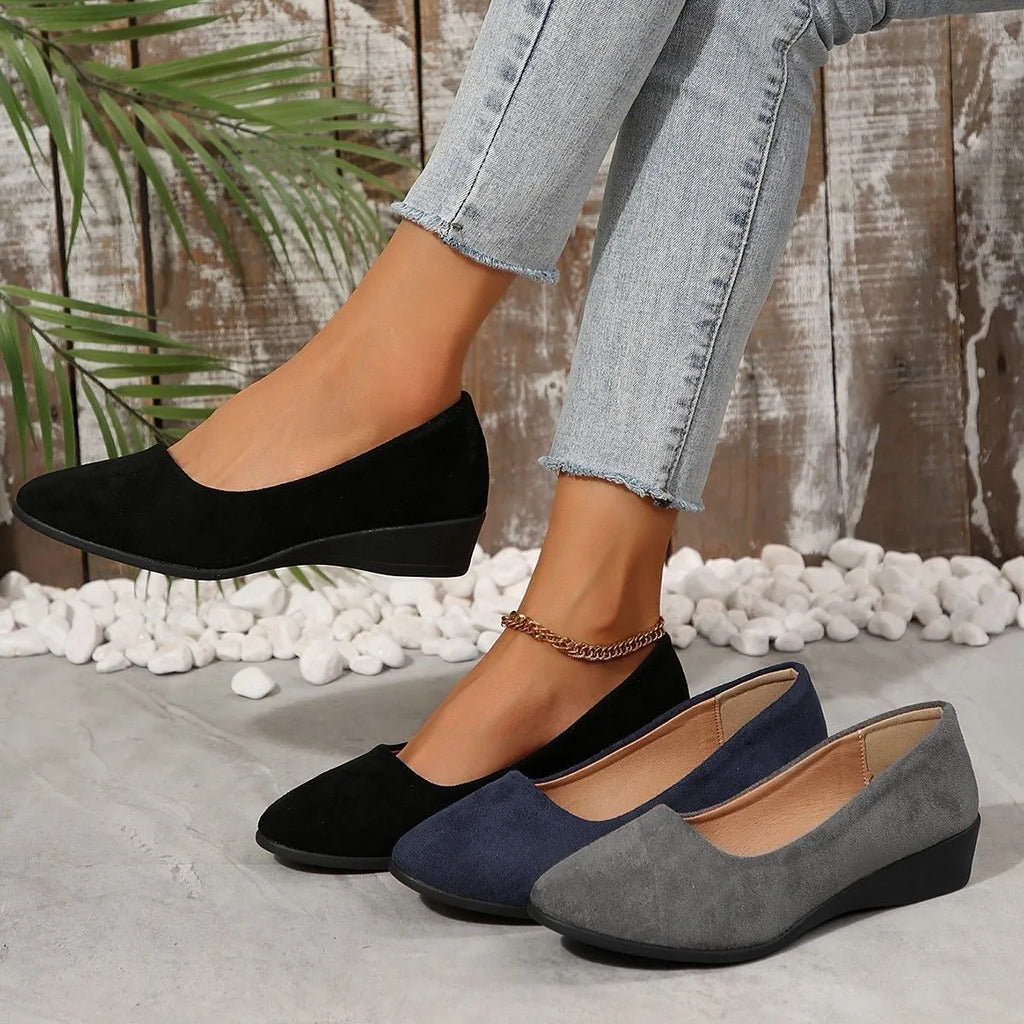 Women's pointed toe wedge pumps with shallow mouth design in suede upper and rubber sole
