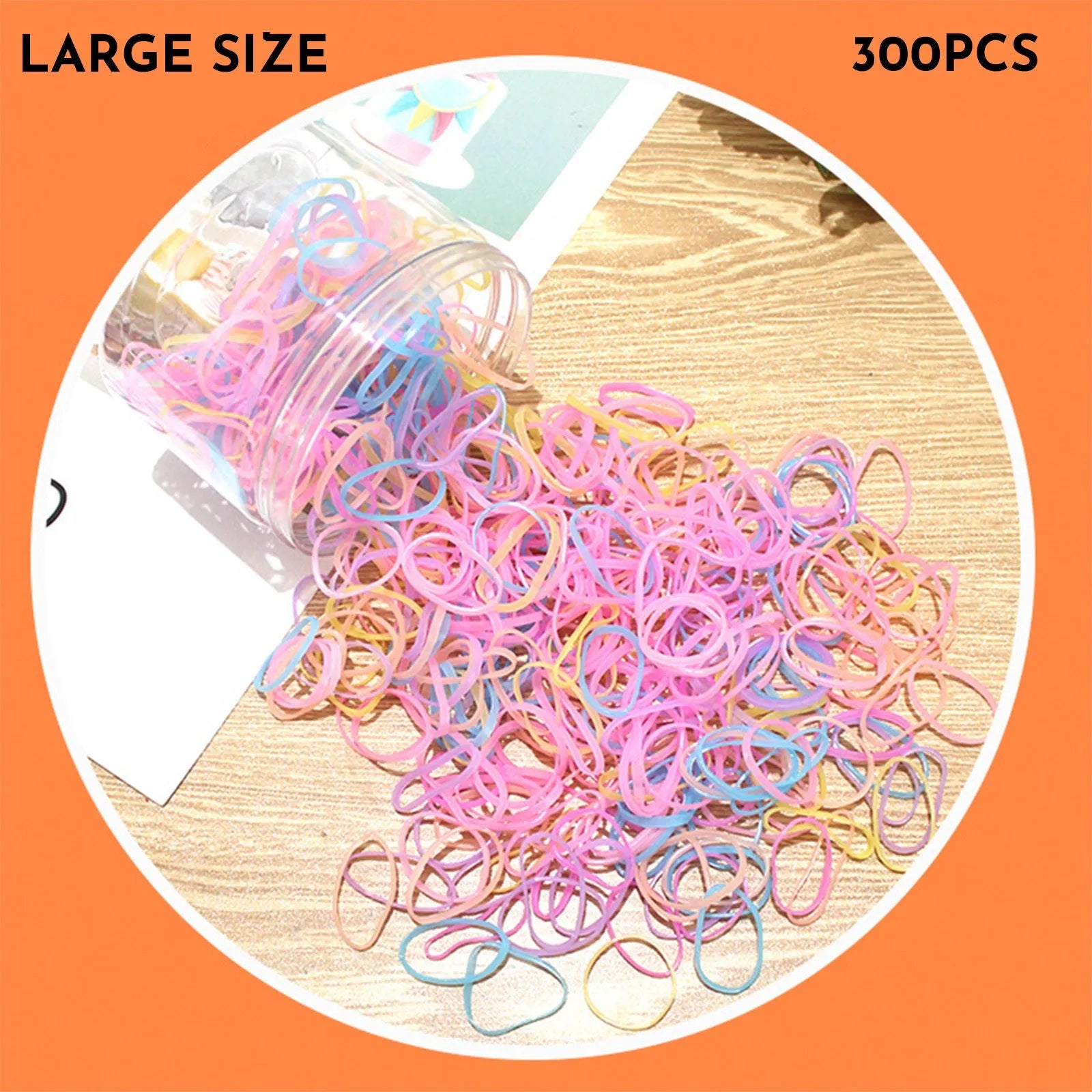 Assortment of colourful thin TPU baby hair ties in a clear reusable plastic container.