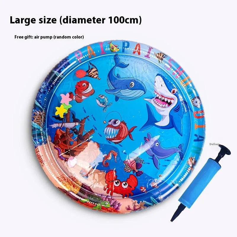 PVC inflatable water bed cooling mat for dogs and cats on a floor, showing dolphin design.