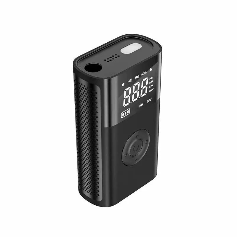 Wireless handheld digital display air pump with LED light and various nozzle attachments on a grey background.