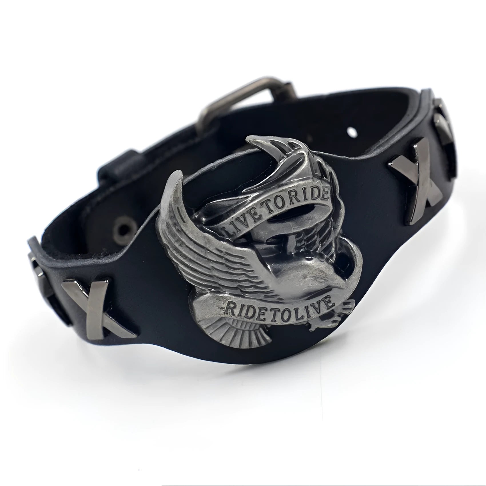 Black geometric leather bracelet with a large alloy eagle watch clasp closure.