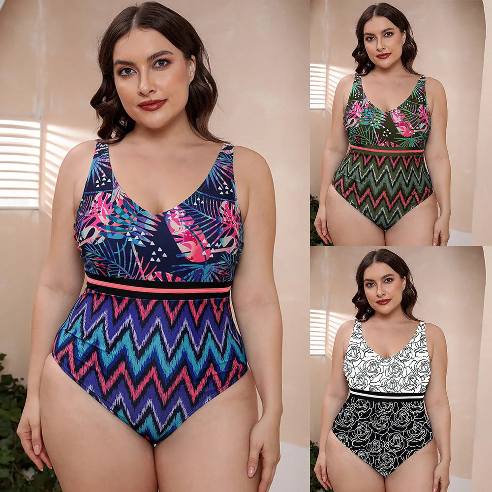 Women's striped spaghetti strap printed one-piece swimsuit in blue pattern design