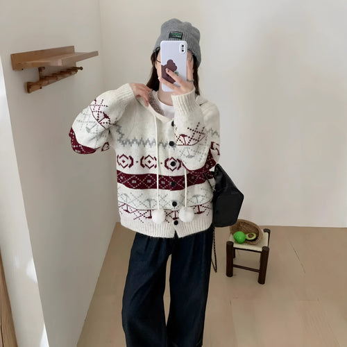 Grey geometric pattern brocade sweater coat for women, loose plus-size fit.