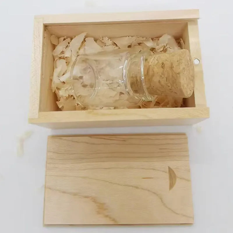 Wooden wish drift bottle USB flash drive 60mm by 28mm with transparent colour options