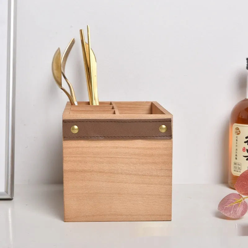 Wooden kitchen storage box with internal grid compartments for organising cutlery and chopsticks