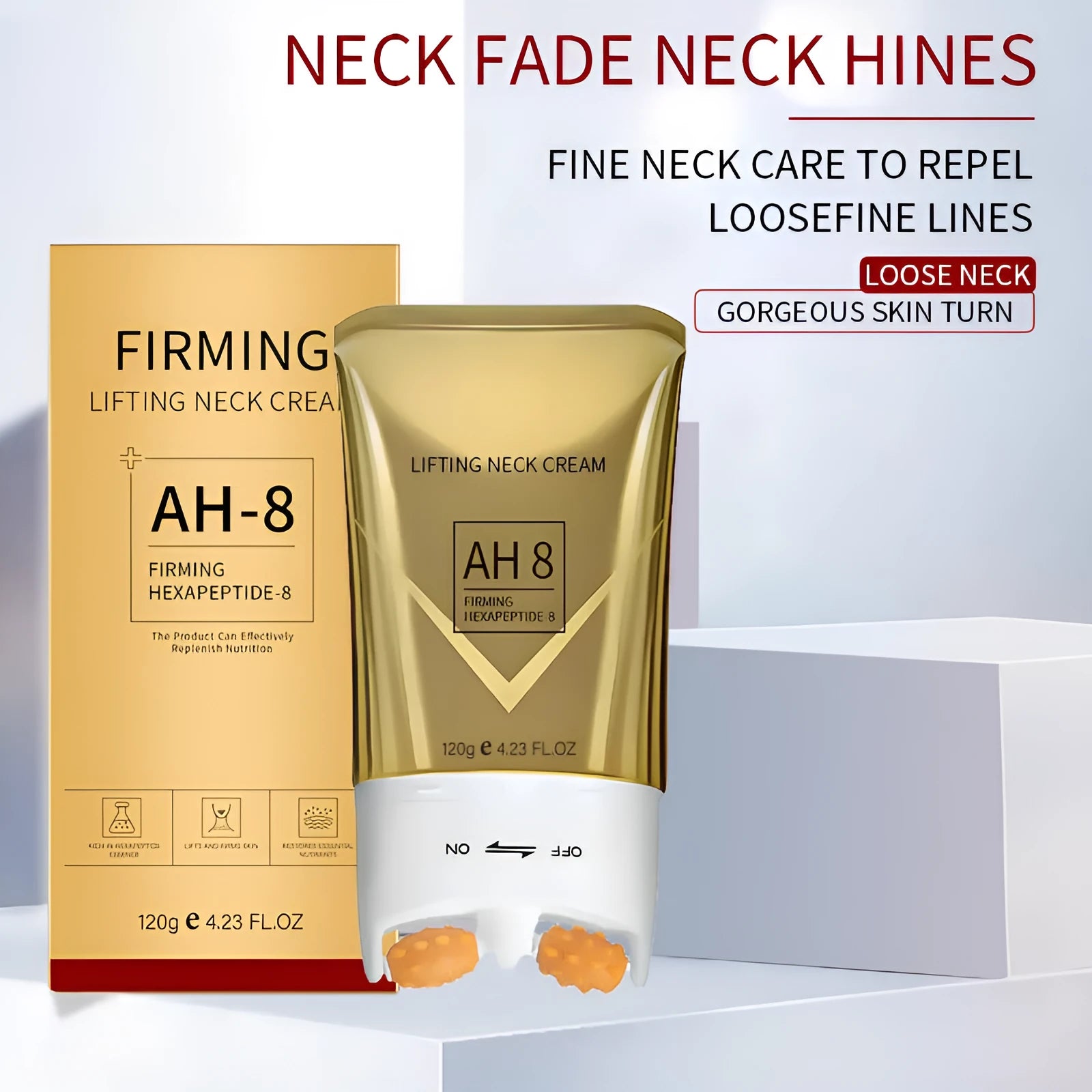 Neck cream container with built-in massaging roller applicator showing 120g size