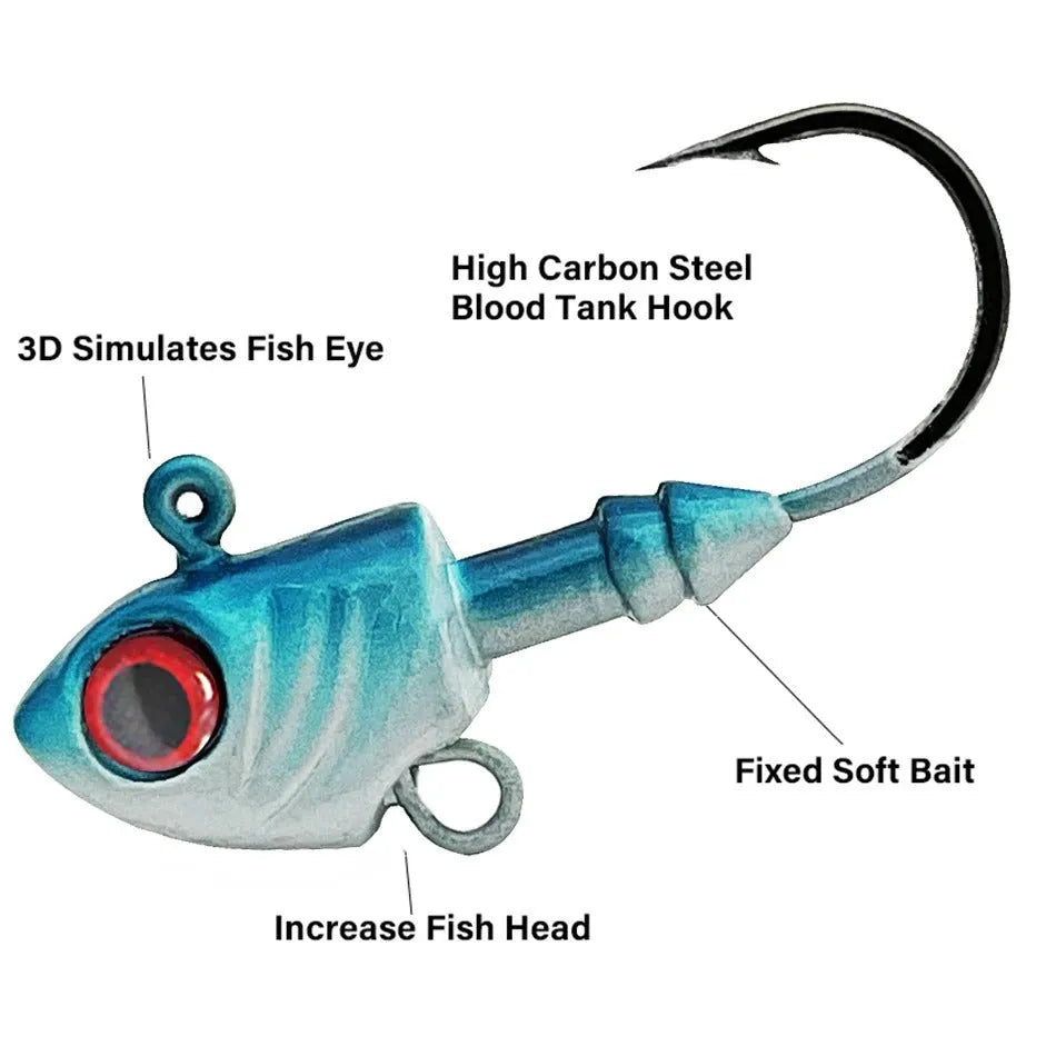Yayu-shaped lead head hook fishing lure simulation in blue, silver, and yellow colours showing different weight sizes.