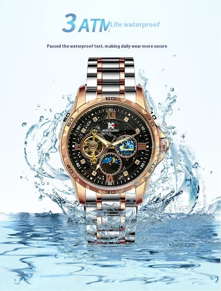 Automatic mechanical men's watch with large black dial and rose gold case, showing skeleton back.