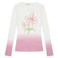 Yellow green and light pink gradient flower print on a women's long sleeve polyester t-shirt.