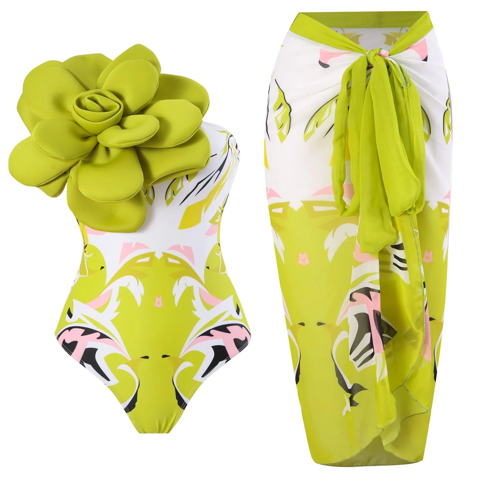 Women's blue printed one-piece swimsuit with matching gauze skirt set