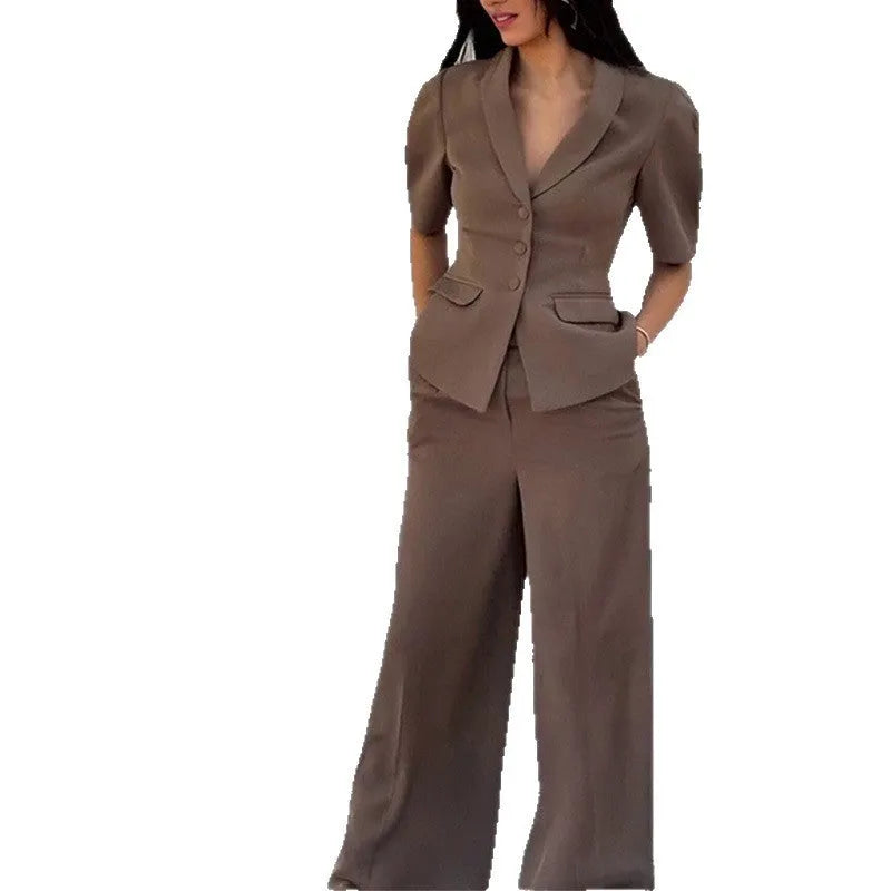 Brown men's polyester slim fit suit with trousers on a hanger