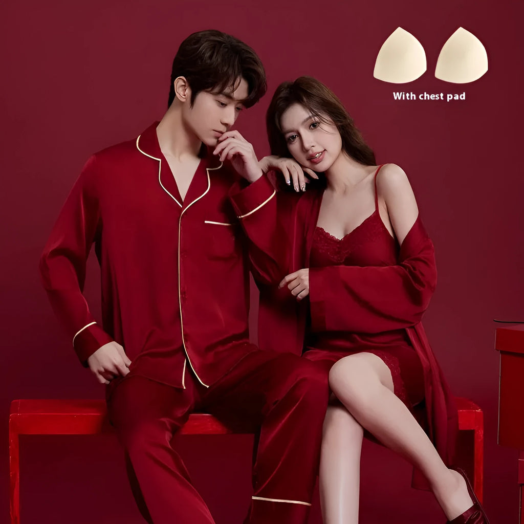 Red ice silk wedding dowry suit set with matching men's and women's sleepwear, long sleeves and trousers