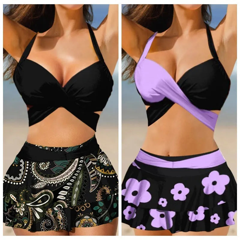 Women's black high-waisted bikini swimsuit with lace-up detail and matching skirt.
