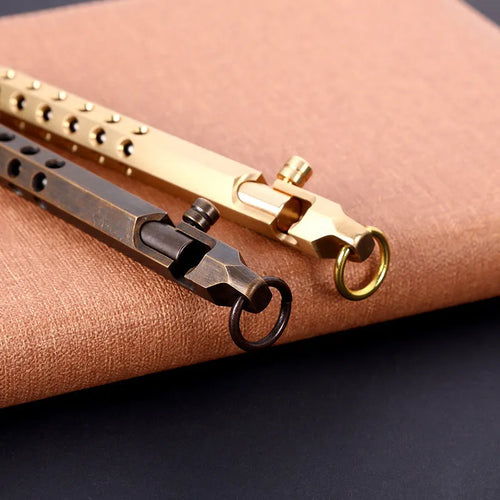 Brass hexagonal bolt-action rollerball pen with six-faceted barrel and 0.5mm tip