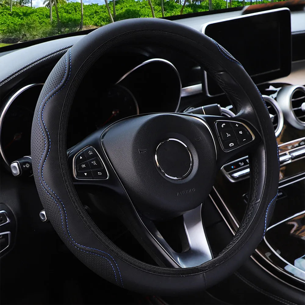 Elastic embossed corrugated PU leather steering wheel cover for 37-38cm diameter wheels in multiple colours.