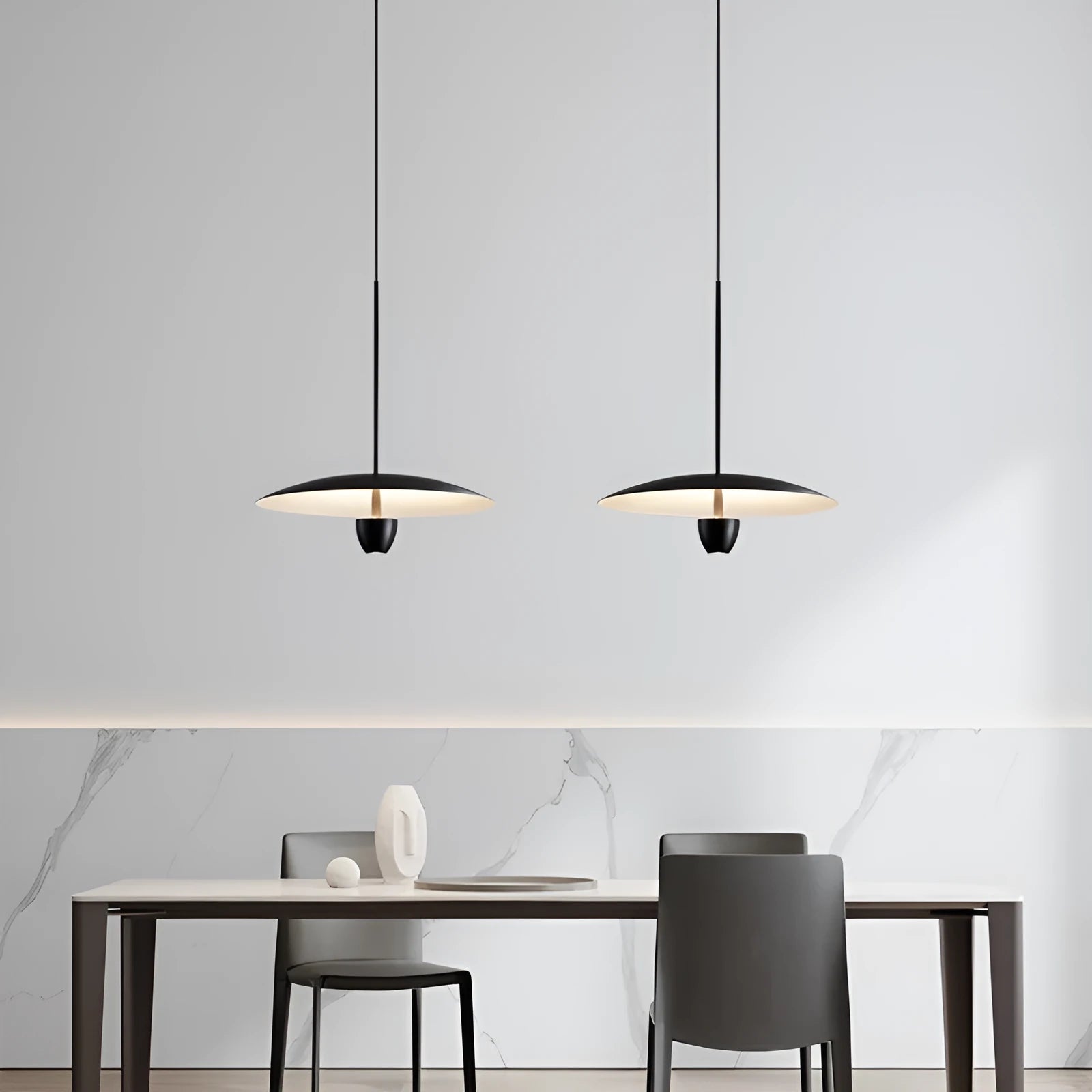 Modern black minimalist chandelier with warm white lighting, 400mm size