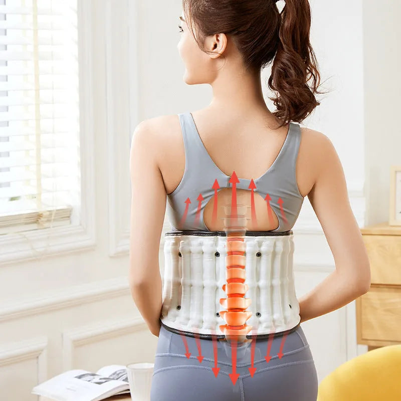 Automatic inflation lumbar waist supporter in PU material, showing S and M sizes.