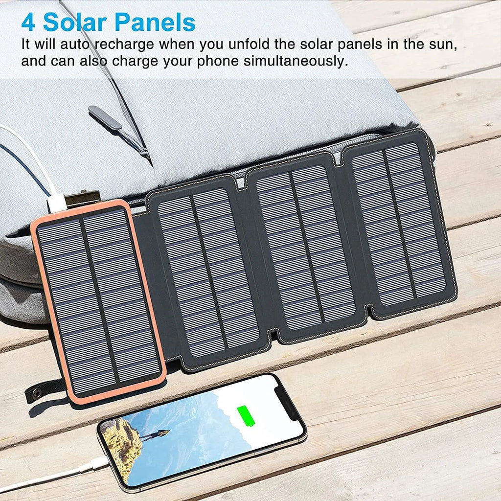 Outdoor solar phone charger with rainproof case in four colours showing solar panel and LED light