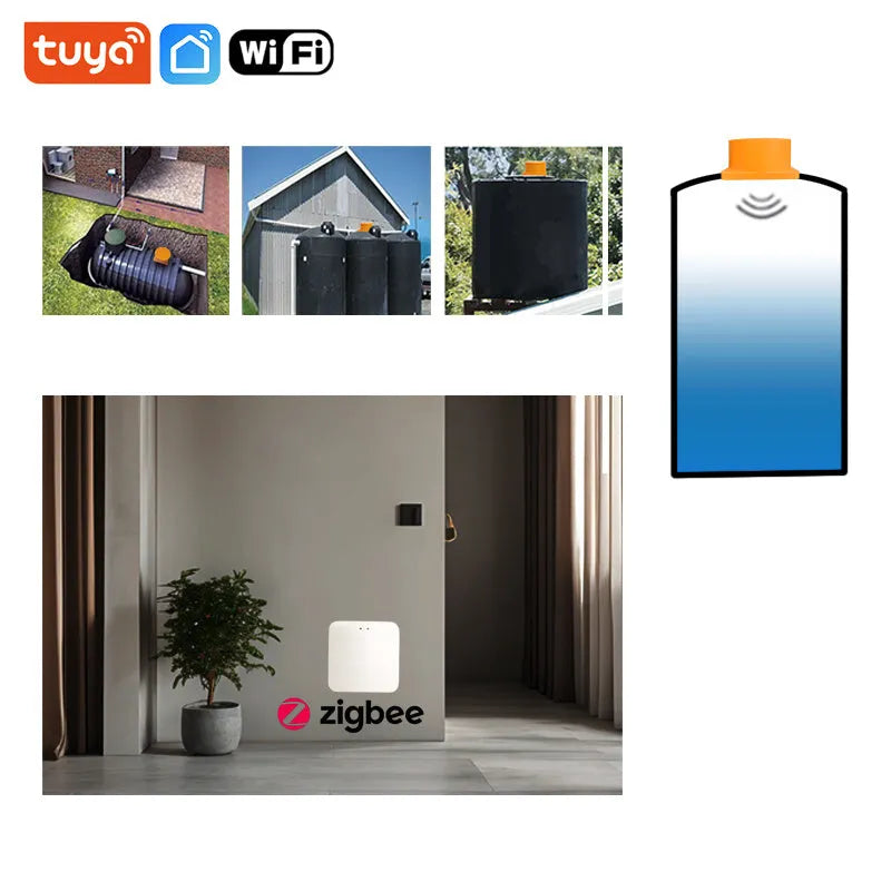 Wireless fluid level monitor with Tuya SmartLife app control for remote water and oil tank monitoring