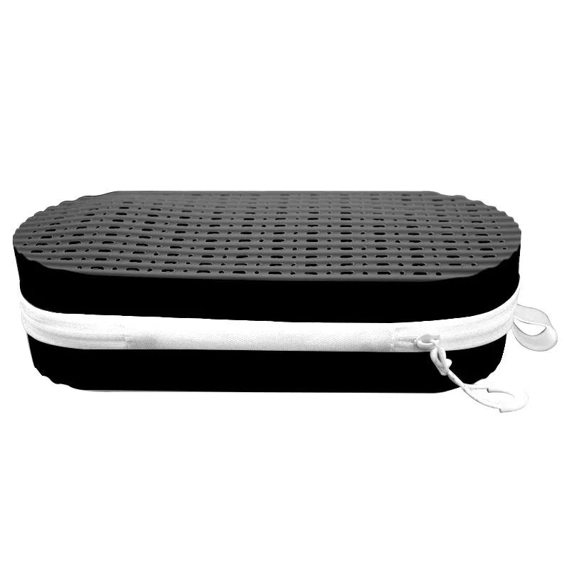 A rectangular silicone glasses case in rose red light purple, showing its slim 200mm x 80mm x 50mm profile.