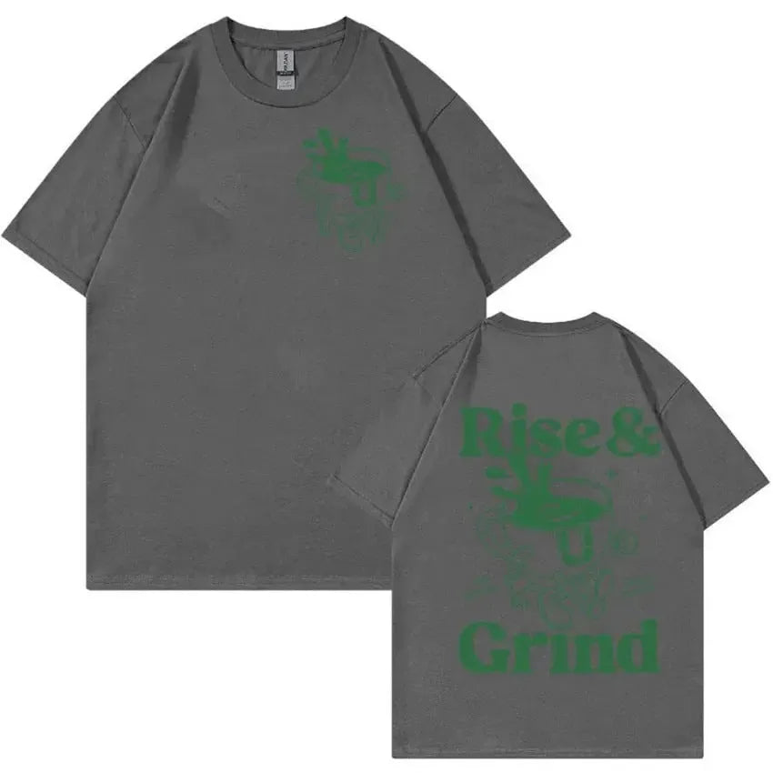 Loose-fit men's t-shirt with 'Rise and Grind' green coffee cartoon graphic in linen blend fabric