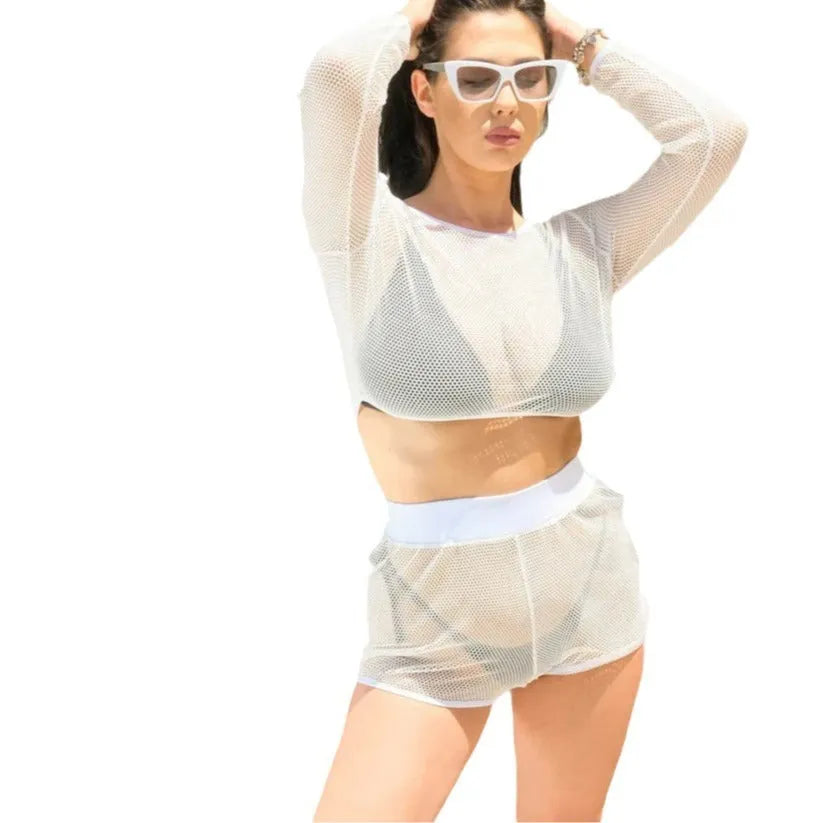 White transparent ladies beach swimsuit with sun protection straps and matching skirt
