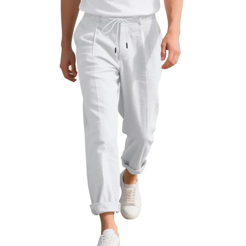Men's straight leg linen trousers with drawstring waist in light khaki colour