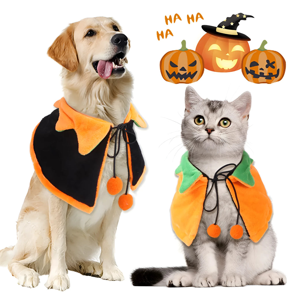 Orange plush Halloween cloak for dog with detachable hood, shown with size options