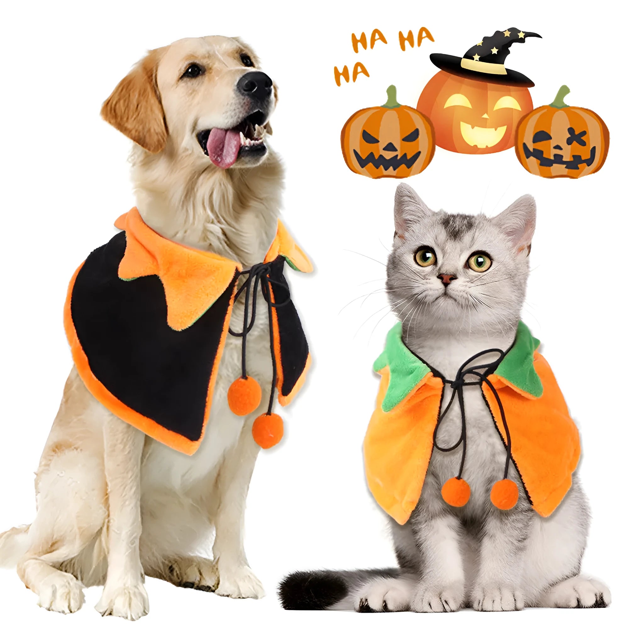 Orange plush Halloween cloak for dog with detachable hood, shown with size options